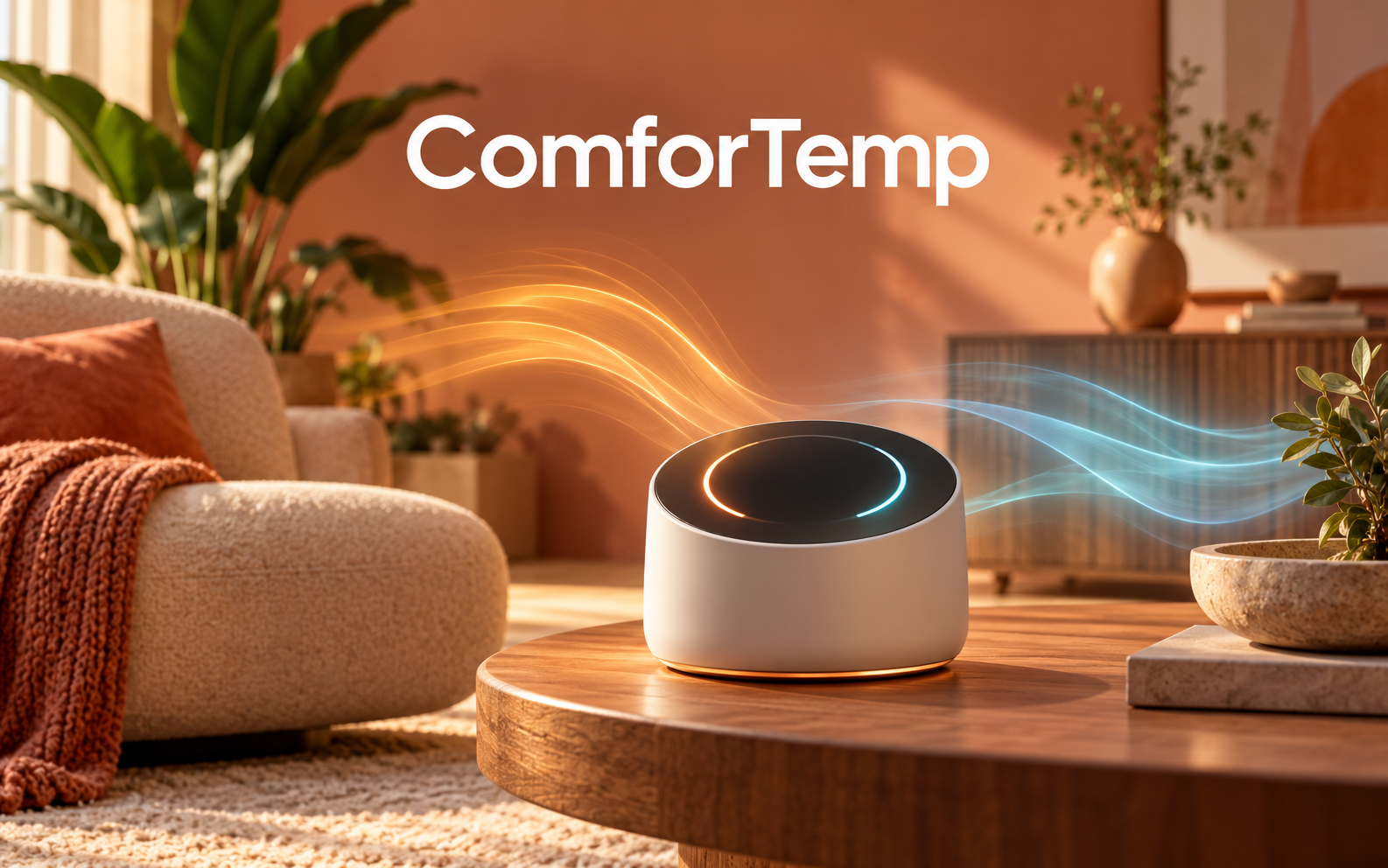 Conceptual ComforTemp promotional image with warm and cool airflow in a cozy living room