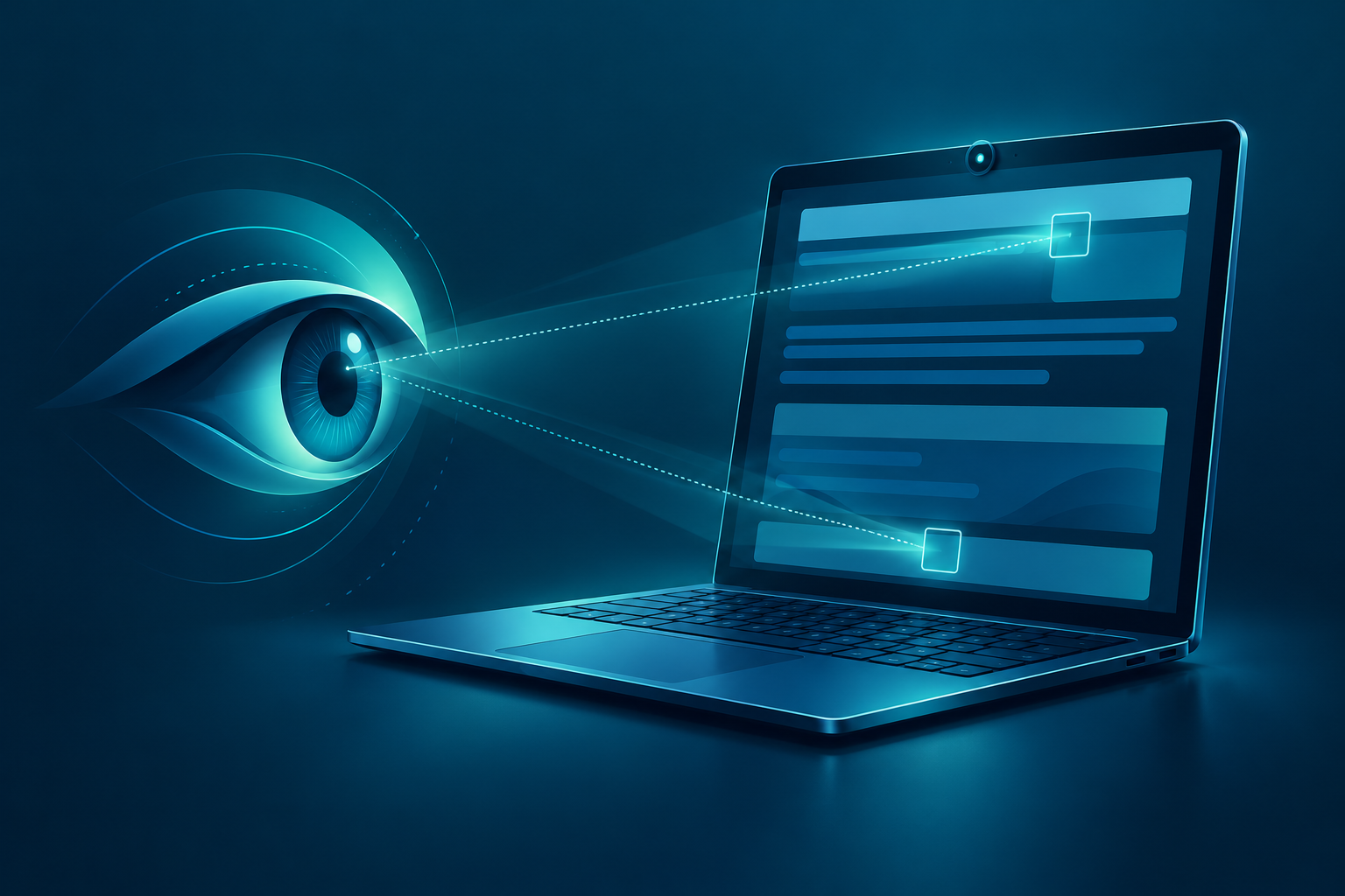 Conceptual illustration of gaze tracking controlling a browser on a laptop