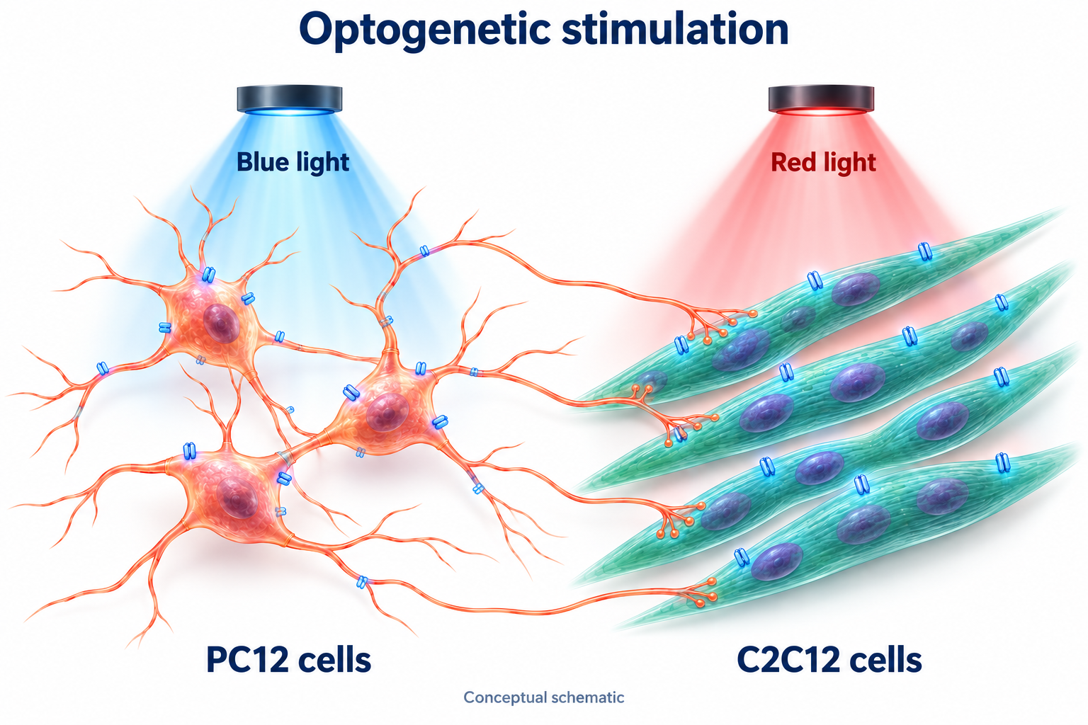 Conceptual illustration of connected PC12 cells under blue light and C2C12 myotubes under red light