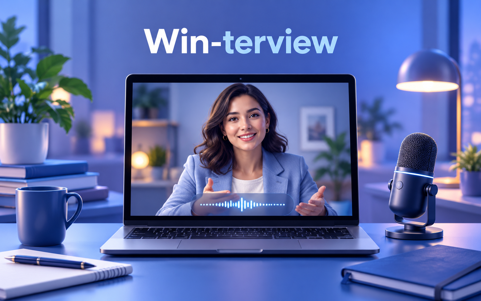 Conceptual Win-terview promotional image showing a video interview practice session and microphone